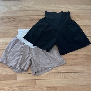 Stylish Women's Maternity Black and Tan Linen Shorts (2 pairs)